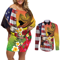 Personalised United States And Hawaii Couples Matching Off Shoulder Short Dress and Long Sleeve Button Shirt USA Eagle With Hawaiian Shark Tattoo