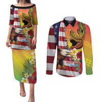 Personalised United States And Hawaii Couples Matching Puletasi and Long Sleeve Button Shirt USA Eagle With Hawaiian Shark Tattoo LT14 Red - Polynesian Pride