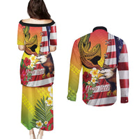 Personalised United States And Hawaii Couples Matching Puletasi and Long Sleeve Button Shirt USA Eagle With Hawaiian Shark Tattoo LT14 - Polynesian Pride
