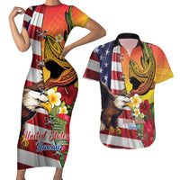 Personalised United States And Hawaii Couples Matching Short Sleeve Bodycon Dress and Hawaiian Shirt USA Eagle With Hawaiian Shark Tattoo LT14 Red - Polynesian Pride