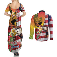 Personalised United States And Hawaii Couples Matching Summer Maxi Dress and Long Sleeve Button Shirt USA Eagle With Hawaiian Shark Tattoo LT14 - Polynesian Pride
