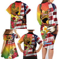 Personalised United States And Hawaii Family Matching Long Sleeve Bodycon Dress and Hawaiian Shirt USA Eagle With Hawaiian Shark Tattoo