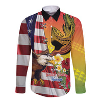 Personalised United States And Hawaii Long Sleeve Button Shirt USA Eagle With Hawaiian Shark Tattoo