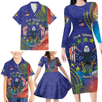 Personalised United States And Cook Islands Family Matching Long Sleeve Bodycon Dress and Hawaiian Shirt USA Eagle Mix Polynesian Pattern LT14 - Polynesian Pride