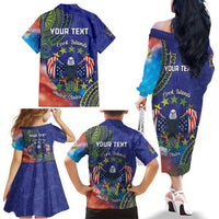 Personalised United States And Cook Islands Family Matching Off The Shoulder Long Sleeve Dress and Hawaiian Shirt USA Eagle Mix Polynesian Pattern