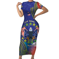 Personalised United States And Cook Islands Family Matching Short Sleeve Bodycon Dress and Hawaiian Shirt USA Eagle Mix Polynesian Pattern LT14 Mom's Dress Blue - Polynesian Pride