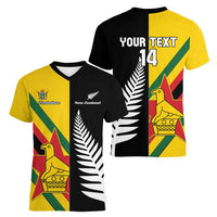 Custom New Zealand and Zimbabwe Women V-Neck T-Shirt NZ Fern Zim Flag Half Style
