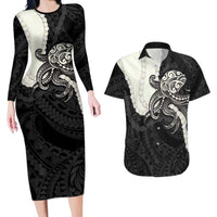 Black Polynesia Tribal Octopus Tattoo Couples Matching Long Sleeve Bodycon Dress and Hawaiian Shirt Pikake Lei Polynesian Pattern