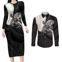 Black Polynesia Tribal Octopus Tattoo Couples Matching Long Sleeve Bodycon Dress and Long Sleeve Button Shirt Pikake Lei Polynesian Pattern
