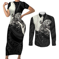 Black Polynesia Tribal Octopus Tattoo Couples Matching Short Sleeve Bodycon Dress and Long Sleeve Button Shirt Pikake Lei Polynesian Pattern