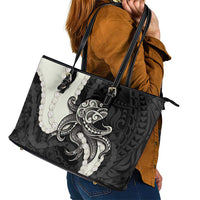 Black Polynesia Tribal Octopus Tattoo Leather Tote Bag Pikake Lei Polynesian Pattern