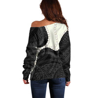 Black Polynesia Tribal Octopus Tattoo Off Shoulder Sweater Pikake Lei Polynesian Pattern