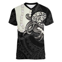 Black Polynesia Tribal Octopus Tattoo Women V-Neck T-Shirt Pikake Lei Polynesian Pattern