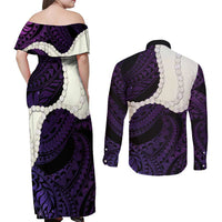 Purple Galaxy Polynesia Tribal Octopus Tattoo Couples Matching Off Shoulder Maxi Dress and Long Sleeve Button Shirt Pikake Lei Polynesian Pattern