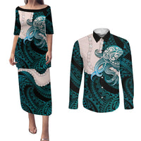 Teal Galaxy Polynesia Tribal Octopus Tattoo Couples Matching Puletasi and Long Sleeve Button Shirt Pikake Lei Polynesian Pattern