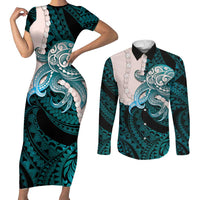 Teal Galaxy Polynesia Tribal Octopus Tattoo Couples Matching Short Sleeve Bodycon Dress and Long Sleeve Button Shirt Pikake Lei Polynesian Pattern
