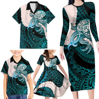 Teal Galaxy Polynesia Tribal Octopus Tattoo Family Matching Long Sleeve Bodycon Dress and Hawaiian Shirt Pikake Lei Polynesian Pattern