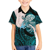 Teal Galaxy Polynesia Tribal Octopus Tattoo Family Matching Off The Shoulder Long Sleeve Dress and Hawaiian Shirt Pikake Lei Polynesian Pattern