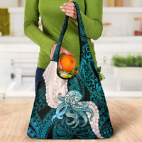 Teal Galaxy Polynesia Tribal Octopus Tattoo Grocery Bag Pikake Lei Polynesian Pattern