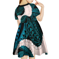 Teal Galaxy Polynesia Tribal Octopus Tattoo Kid Short Sleeve Dress Pikake Lei Polynesian Pattern
