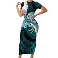 Teal Galaxy Polynesia Tribal Octopus Tattoo Short Sleeve Bodycon Dress Pikake Lei Polynesian Pattern