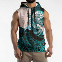 Teal Galaxy Polynesia Tribal Octopus Tattoo Sleeveless Zip Hoodie Pikake Lei Polynesian Pattern