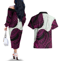 Pink Galaxy Polynesia Tribal Octopus Tattoo Couples Matching Off The Shoulder Long Sleeve Dress and Hawaiian Shirt Pikake Lei Polynesian Pattern