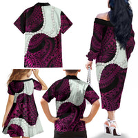 Pink Galaxy Polynesia Tribal Octopus Tattoo Family Matching Off The Shoulder Long Sleeve Dress and Hawaiian Shirt Pikake Lei Polynesian Pattern