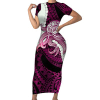 Pink Galaxy Polynesia Tribal Octopus Tattoo Family Matching Short Sleeve Bodycon Dress and Hawaiian Shirt Pikake Lei Polynesian Pattern
