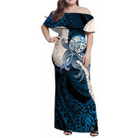 Blue Galaxy Polynesia Tribal Octopus Tattoo Family Matching Off Shoulder Maxi Dress and Hawaiian Shirt Pikake Lei Polynesian Pattern