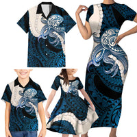 Blue Galaxy Polynesia Tribal Octopus Tattoo Family Matching Short Sleeve Bodycon Dress and Hawaiian Shirt Pikake Lei Polynesian Pattern