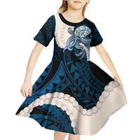 Blue Galaxy Polynesia Tribal Octopus Tattoo Kid Short Sleeve Dress Pikake Lei Polynesian Pattern