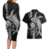 Kanaloa Aloha Hawaii Couples Matching Long Sleeve Bodycon Dress and Hawaiian Shirt Humpback Whale Octopus Tattoo Kakau Pattern LT14 - Polynesian Pride