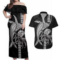 Kanaloa Aloha Hawaii Couples Matching Off Shoulder Maxi Dress and Hawaiian Shirt Humpback Whale Octopus Tattoo Kakau Pattern