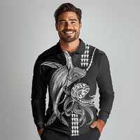 Kanaloa Aloha Hawaii Long Sleeve Polo Shirt Humpback Whale Octopus Tattoo Kakau Pattern