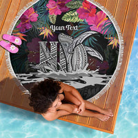 Personalised Hawaii Beach Blanket Humpback Whale Tattoo With Tropical Flowers Black