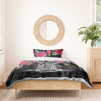 Personalised Hawaii Bedding Set Humpback Whale Tattoo With Tropical Flowers Black