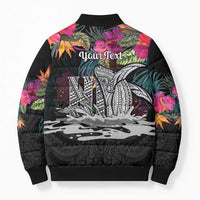 Personalised Hawaii Bomber Puffer Jacket Humpback Whale Tattoo With Tropical Flowers Black