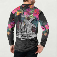 Personalised Hawaii Button Sweatshirt Humpback Whale Tattoo With Tropical Flowers Black