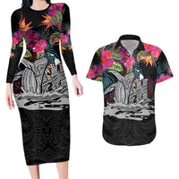 Personalised Hawaii Couples Matching Long Sleeve Bodycon Dress and Hawaiian Shirt Humpback Whale Tattoo With Tropical Flowers Black LT14 Black - Polynesian Pride