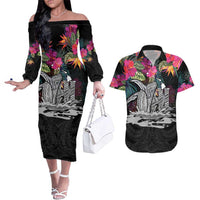 Personalised Hawaii Couples Matching Off The Shoulder Long Sleeve Dress and Hawaiian Shirt Humpback Whale Tattoo With Tropical Flowers Black LT14 Black - Polynesian Pride