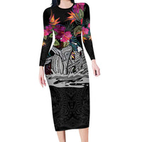 Personalised Hawaii Family Matching Long Sleeve Bodycon Dress and Hawaiian Shirt Humpback Whale Tattoo With Tropical Flowers Black LT14 Mom's Dress Black - Polynesian Pride