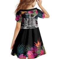 Personalised Hawaii Family Matching Off The Shoulder Long Sleeve Dress and Hawaiian Shirt Humpback Whale Tattoo With Tropical Flowers Black LT14 - Polynesian Pride