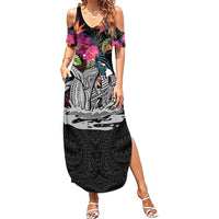 Personalised Hawaii Family Matching Summer Maxi Dress and Hawaiian Shirt Humpback Whale Tattoo With Tropical Flowers Black LT14 Mom's Dress Black - Polynesian Pride