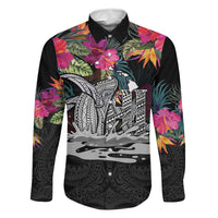 Personalised Hawaii Family Matching Tank Maxi Dress and Hawaiian Shirt Humpback Whale Tattoo With Tropical Flowers Black LT14 Dad's Shirt - Long Sleeve Black - Polynesian Pride