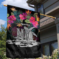 Personalised Hawaii Garden Flag Humpback Whale Tattoo With Tropical Flowers Black