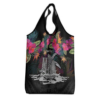 Personalised Hawaii Grocery Bag Humpback Whale Tattoo With Tropical Flowers Black