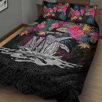 Personalised Hawaii Quilt Bed Set Humpback Whale Tattoo With Tropical Flowers Black