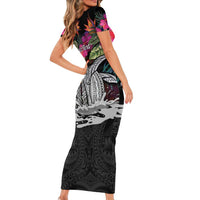 Personalised Hawaii Short Sleeve Bodycon Dress Humpback Whale Tattoo With Tropical Flowers Black