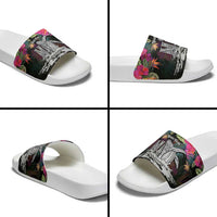 Personalised Hawaii Slide Sandals Humpback Whale Tattoo With Tropical Flowers Black